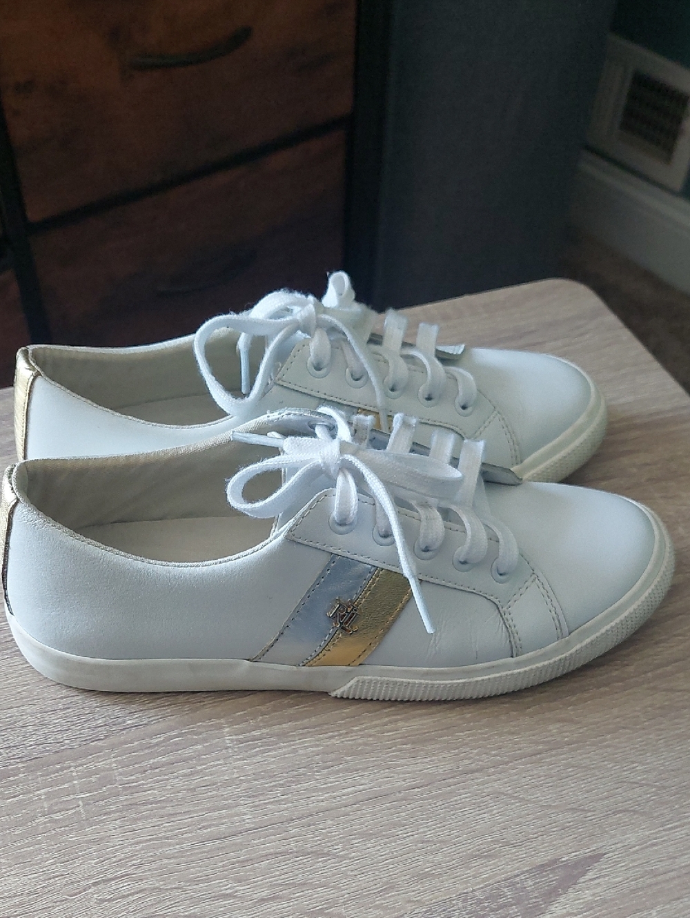 Lauren Ralph Lauren White Leather Sneakers with Gold Stripe